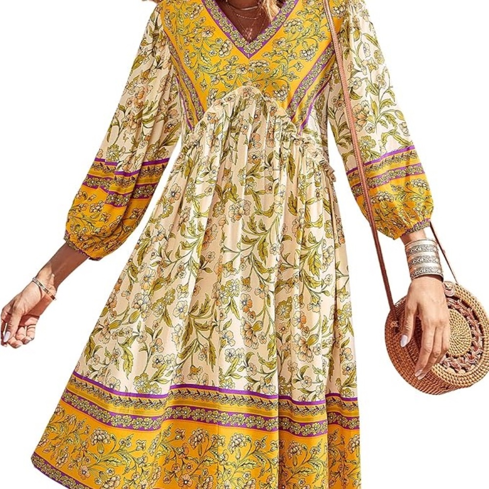 BTFBM Yellow and Cream V-Neck Sundress with 3/4 Sleeves - SIZE: XL